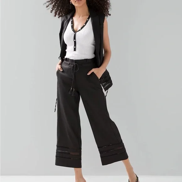 White House Black Market Black Wide-Leg Pants with Tassel Tie size 4 Long - Picture 3 of 4